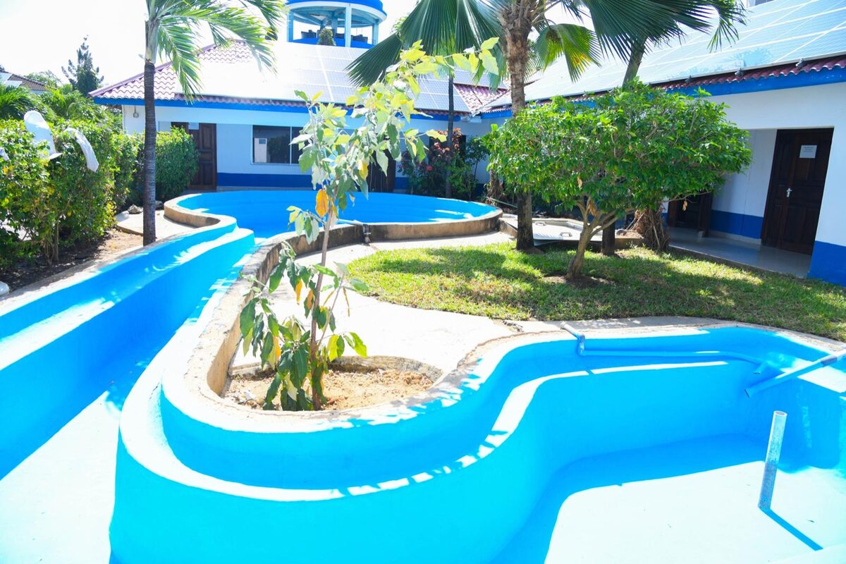 Landscaped water-feature grounds at the KMFRI Aquarium in Mombasa